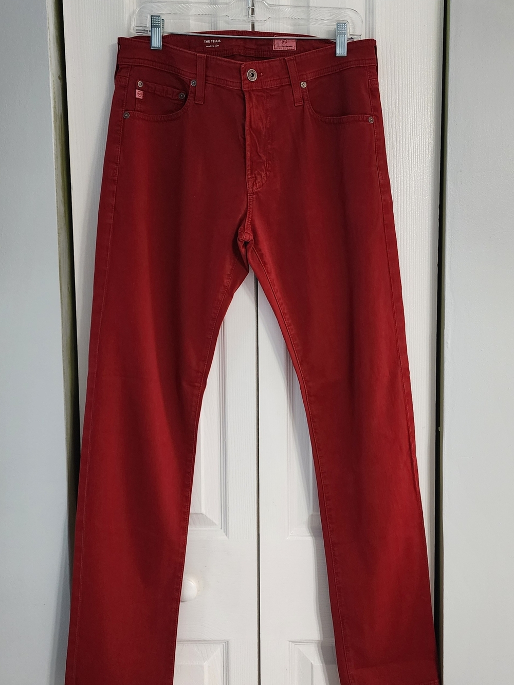AG Adriano Goldschmied Slim Fit Stretch Red Denim Jeans 5-Pocket Solid Men's